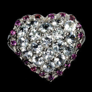925 Sterling Silver Ring Round Aquamarine Rhodolite Garnet Gemstone Jewelry 8.5