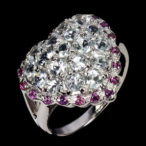 925 Sterling Silver Ring Round Aquamarine Rhodolite Garnet Gemstone Jewelry 8.5