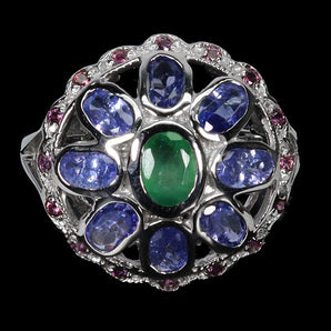 925 Sterling Silver Ring Oval Emerald Rhodolite Tanzanite Gemstone Jewelry Sz 9