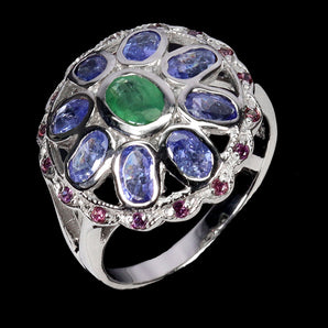 925 Sterling Silver Ring Oval Emerald Rhodolite Tanzanite Gemstone Jewelry Sz 9