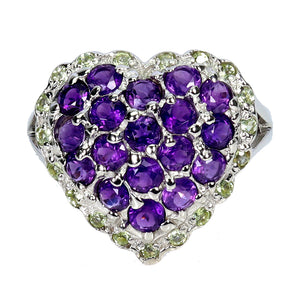 925 Sterling Silver Ring Round Amethyst Peridot Heart Gemstone Jewelry Size 8