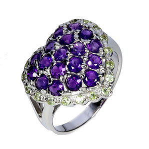 925 Sterling Silver Ring Round Amethyst Peridot Heart Gemstone Jewelry Size 8