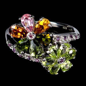 925 Sterling Silver Ring Pear Tourmaline 5x3mm Rhodolite Gemstone Jewelry Size 7
