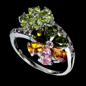 925 Sterling Silver Ring Pear Tourmaline 5x3mm Rhodolite Gemstone Jewelry Size 7