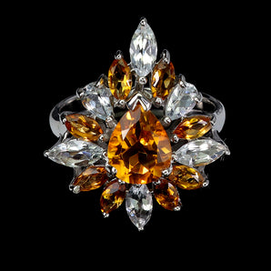 925 Sterling Silver Ring Pear Citrine 9x7mm Aquamarine Gemstone Jewelry Size 9