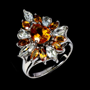 925 Sterling Silver Ring Pear Citrine 9x7mm Aquamarine Gemstone Jewelry Size 9