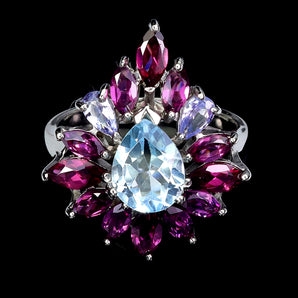 925 Sterling Silver Ring Pear Sky Blue Topaz 9x7mm Garnet Tanzanite Gemstone 9
