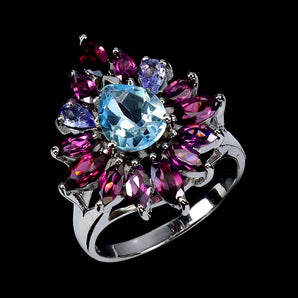 925 Sterling Silver Ring Pear Sky Blue Topaz 9x7mm Garnet Tanzanite Gemstone 9