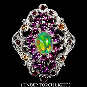 925 Sterling Silver Ring Oval Fire Opal Rhodolite Sapphire Gemstone Jewelry 8.5