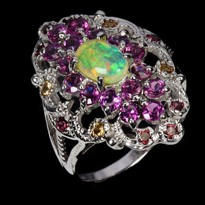 925 Sterling Silver Ring Oval Fire Opal Rhodolite Sapphire Gemstone Jewelry 8.5