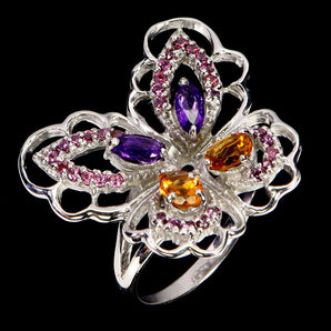 925 Sterling Silver Ring Oval Citrine Amethyst Butterfly Gemstone Jewelry Size 7