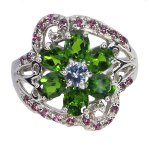 925 Sterling Silver Ring Oval Chrome Diopside Garnet Tanzanite Flower Gemstone 9