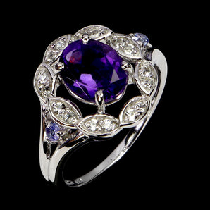 925 Sterling Silver Ring Oval Amethyst 9x7mm Tanzanite White Topaz Gemstone Sz 9