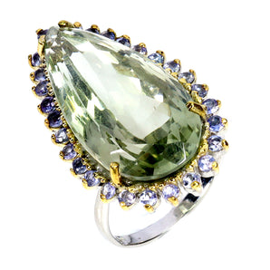 925 Sterling Silver Ring Pear Green Amethyst 26ct Tanzanite Handmade Gemstone 9