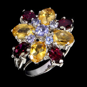 925 Sterling Silver Ring Oval Citrine Rhodolite Tanzanite Gemstone Jewelry Sz 7