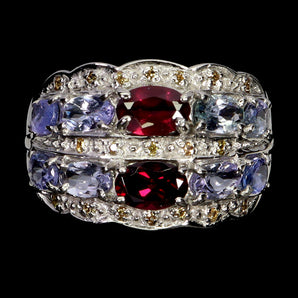 925 Sterling Silver Ring Oval Rhodolite 6x4mm Sapphire Tanzanite Gemstone Size 8