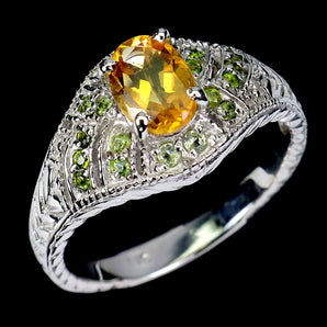 925 Sterling Silver Ring Oval Citrine 7x5mm Chrome Diopside Gemstone Jewelry 8