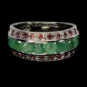 925 Sterling Silver Ring Round Emerald Rhodolite Garnet Gemstone Jewelry Sz 7.5