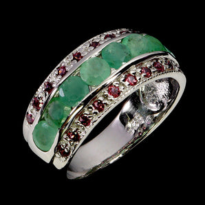 925 Sterling Silver Ring Round Emerald Rhodolite Garnet Gemstone Jewelry Sz 7.5