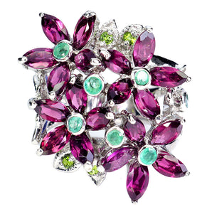 925 Sterling Silver Ring Marquise Rhodolite Garnet Emerald Gemstone Jewelry Sz 9