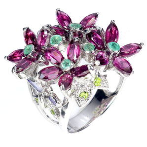 925 Sterling Silver Ring Marquise Rhodolite Garnet Emerald Gemstone Jewelry Sz 9