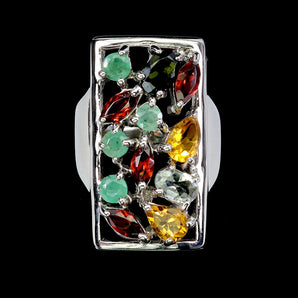 925 Sterling Silver Ring Pear Citrine Aquamarine Emerald Gemstone Jewelry Sz 7