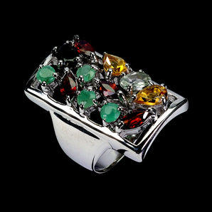 925 Sterling Silver Ring Pear Citrine Aquamarine Emerald Gemstone Jewelry Sz 7