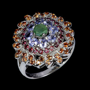 925 Sterling Silver Ring Round Emerald Sapphire Tanzanite Gemstone Jewelry 8.5