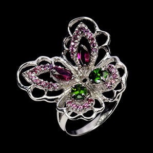 925 Sterling Silver Ring Marquise Rhodolite Chrome Diopside Gemstone Jewelry 8.5