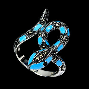 925 Sterling Silver Ring Round Marcasite Gemstone Cobra Enamel Jewelry Size 8