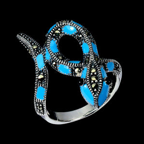 925 Sterling Silver Ring Round Marcasite Gemstone Cobra Enamel Jewelry Size 8
