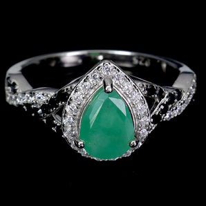925 Sterling Silver Ring Pear Emerald 7x5mm Spinel Gemstone Jewelry Size 8
