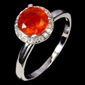 925 Sterling Silver Ring Round Orange Opal 12mm Natural Gemstone Jewelry Size 8