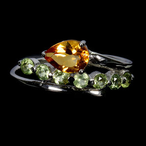 925 Sterling Silver Ring Pear Citrine 7x5mm Peridot Gemstone Jewelry Size 8