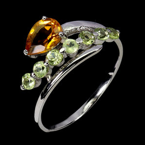 925 Sterling Silver Ring Pear Citrine 7x5mm Peridot Gemstone Jewelry Size 8