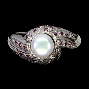 925 Sterling Silver Ring Round Rhodolite Garnet Pearl Gemstone Jewelry Size 8