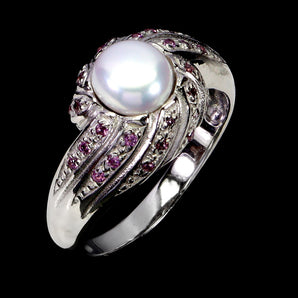 925 Sterling Silver Ring Round Rhodolite Garnet Pearl Gemstone Jewelry Size 8