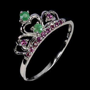 925 Sterling Silver Ring Round Emerald Rhodolite Crown Gemstone Jewelry Size 7