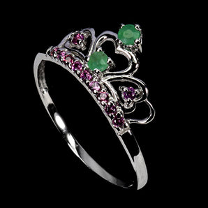 925 Sterling Silver Ring Round Emerald Rhodolite Crown Gemstone Jewelry Size 9