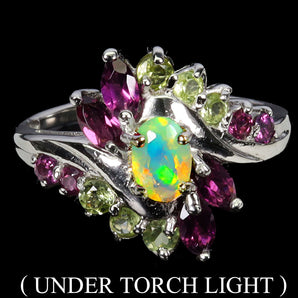 925 Sterling Silver Ring Oval Fire Opal 6x4mm Peridot Rhodolite Gemstone Size 8