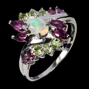 925 Sterling Silver Ring Oval Fire Opal 6x4mm Peridot Rhodolite Gemstone Size 8