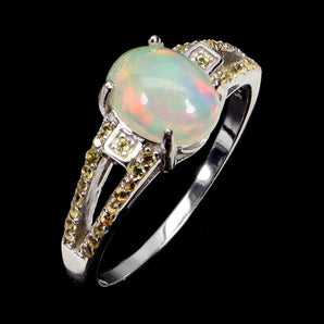925 Sterling Silver Ring Oval Fire Opal 9x7mm Sapphire Gemstone Jewelry Size 7