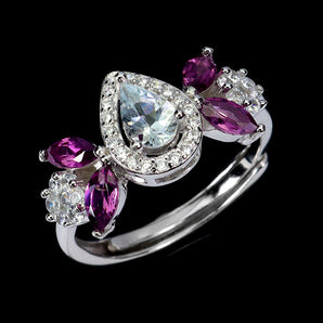 925 Sterling Silver Ring Pear Aquamarine 6x4mm Rhodolite Gemstone Jewelry Size 6