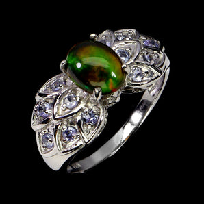 925 Sterling Silver Ring Oval Black Opal 8x6mm Tanzanite Gemstone Jewelry Size 7