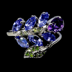 925 Sterling Silver Ring Pear Amethyst 7x5mm Peridot Tanzanite Gemstone Size 8