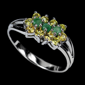 925 Sterling Silver Ring Round Emerald Sapphire Natural Gemstone Jewelry Size 8