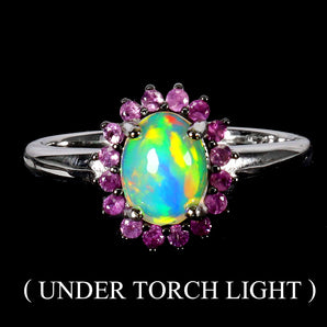 925 Sterling Silver Ring Oval Fire Opal 8x6mm Sapphire Gemstone Jewelry Size 7