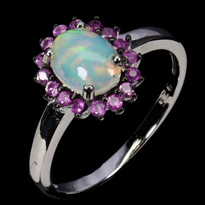 925 Sterling Silver Ring Oval Fire Opal 8x6mm Sapphire Gemstone Jewelry Size 7