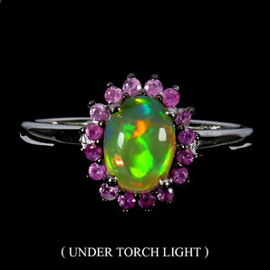 925 Sterling Silver Ring Oval Fire Opal 8x6mm Sapphire Gemstone Jewelry Size 7