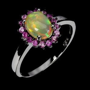 925 Sterling Silver Ring Oval Fire Opal 8x6mm Sapphire Gemstone Jewelry Size 7